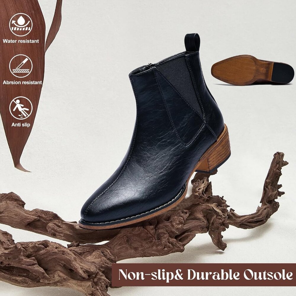 Women's Black Ankle Boots Mid-height Heels Chelsea Zipper Dressy Booties - Picture 4 of 7